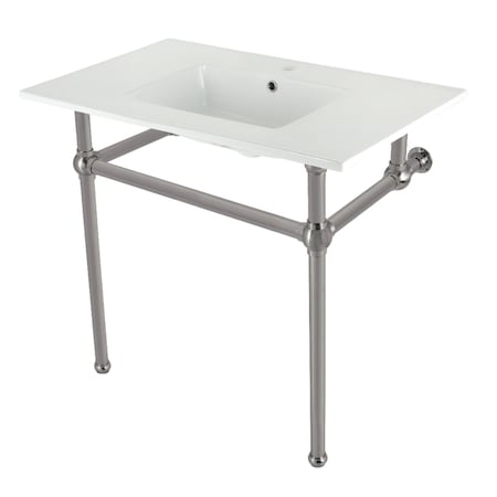 Kingston Brass 37 Console Sink with Brass Legs Single Faucet Hole, WhiteBrushed Nickel KVBH37227BN